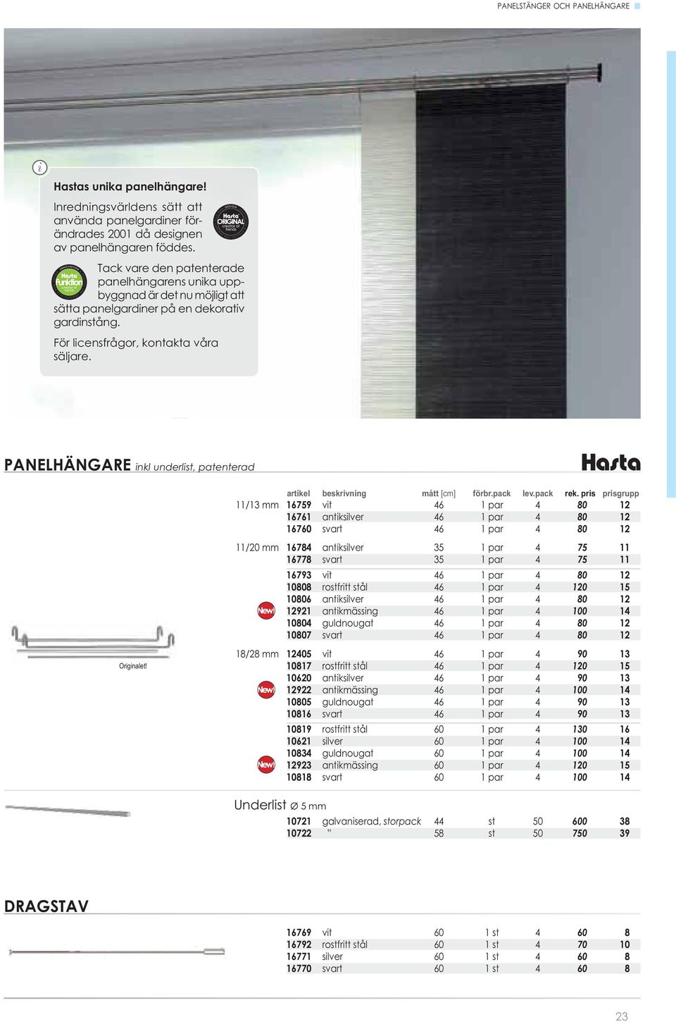 PANELHÄNGARE nkl underlst, patenterad artkel beskrvnng mått [cm] förbr.pack lev.pack rek.