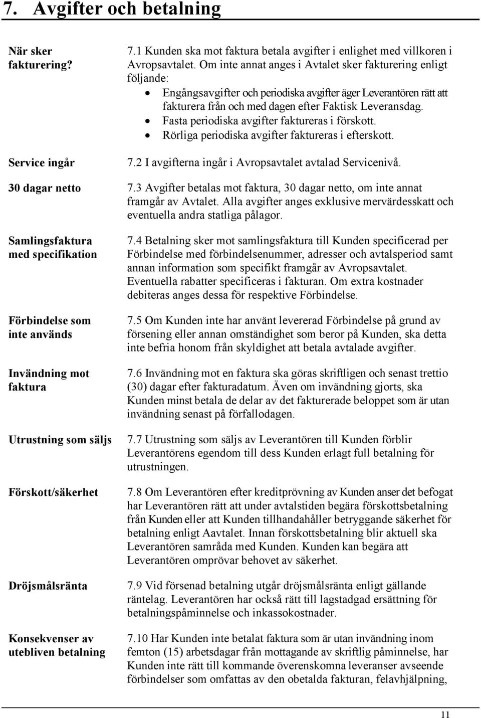 Fasta periodiska avgifter faktureras i förskott. Rörliga periodiska avgifter faktureras i efterskott. 7.2 I avgifterna ingår i Avropsavtalet avtalad Servicenivå. 30 dagar netto 7.