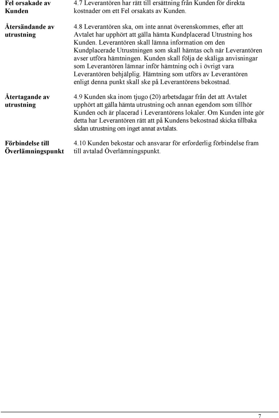 8 Leverantören ska, om inte annat överenskommes, efter att Avtalet har upphört att gälla hämta Kundplacerad Utrustning hos Kunden.
