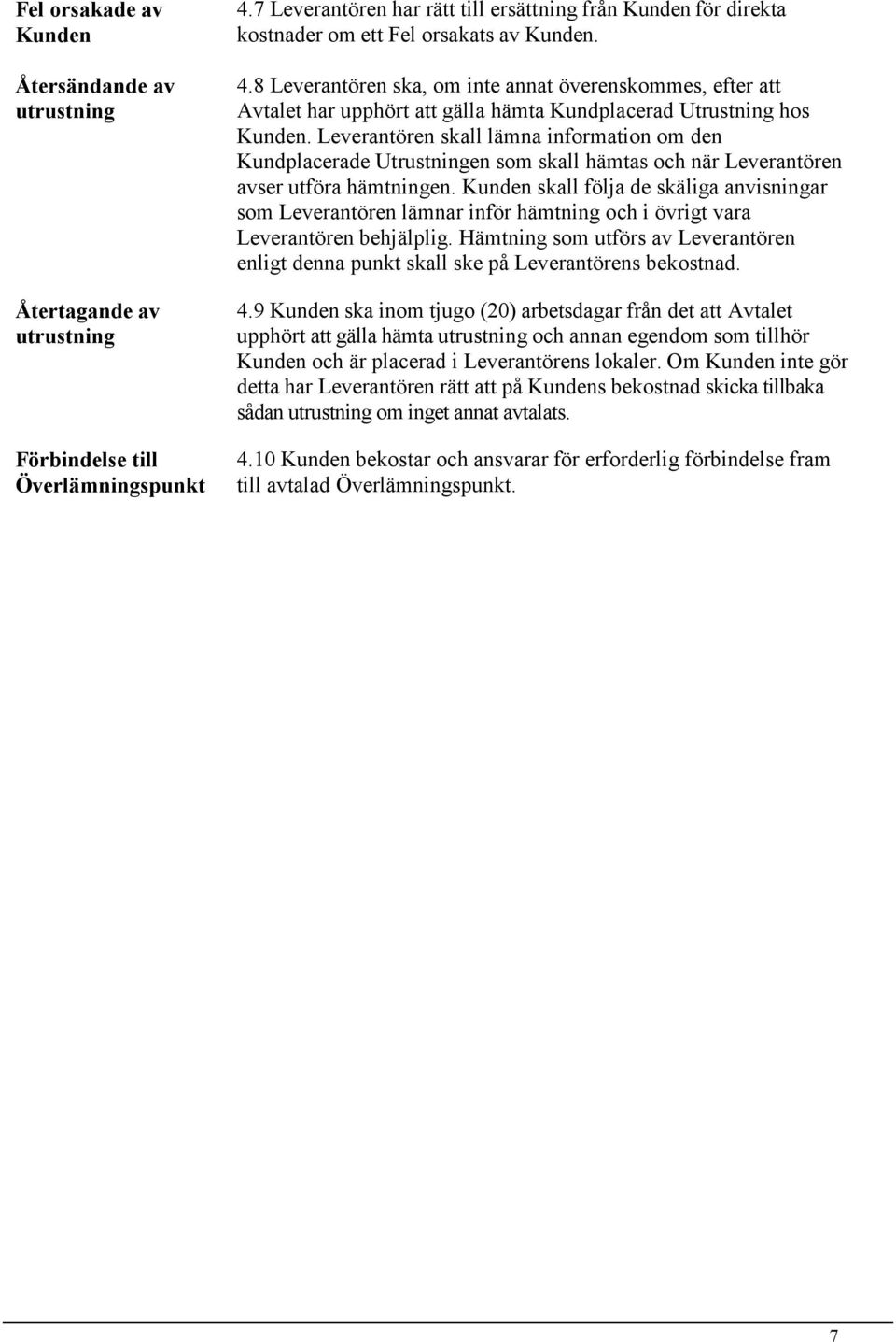 8 Leverantören ska, om inte annat överenskommes, efter att Avtalet har upphört att gälla hämta Kundplacerad Utrustning hos Kunden.