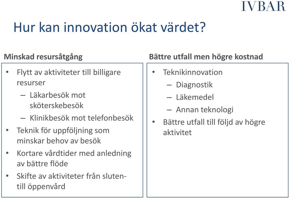 mot telefonbesök Teknik för uppföljning som minskar behov av besök Kortare vårdtider med anledning av