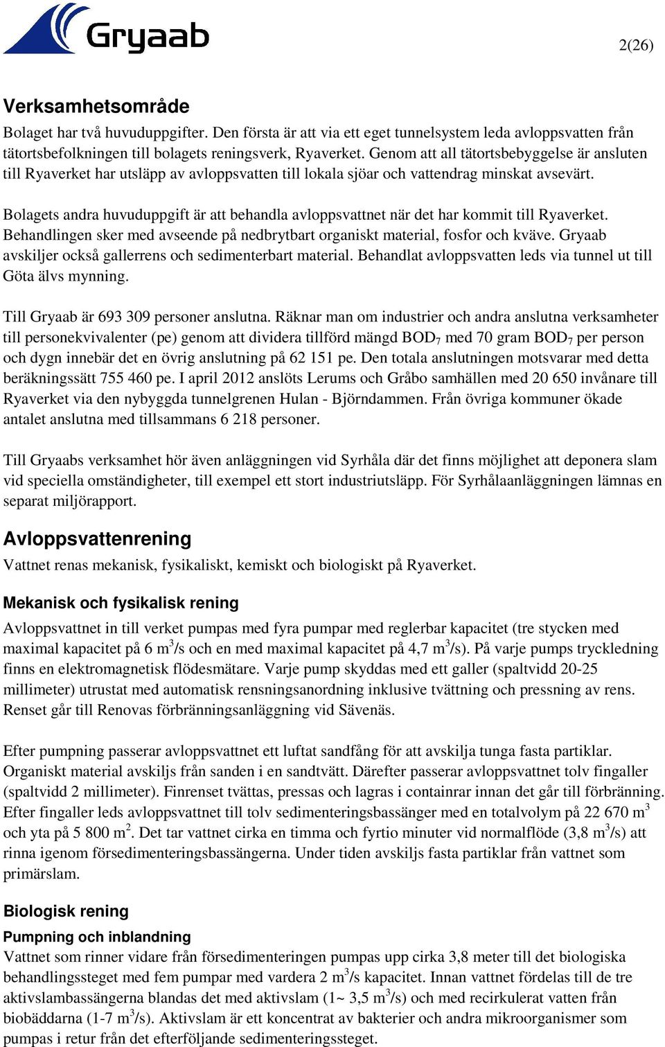 Bolagets andra huvuduppgift är att behandla avloppsvattnet när det har kommit till Ryaverket. Behandlingen sker med avseende på nedbrytbart organiskt material, fosfor och kväve.