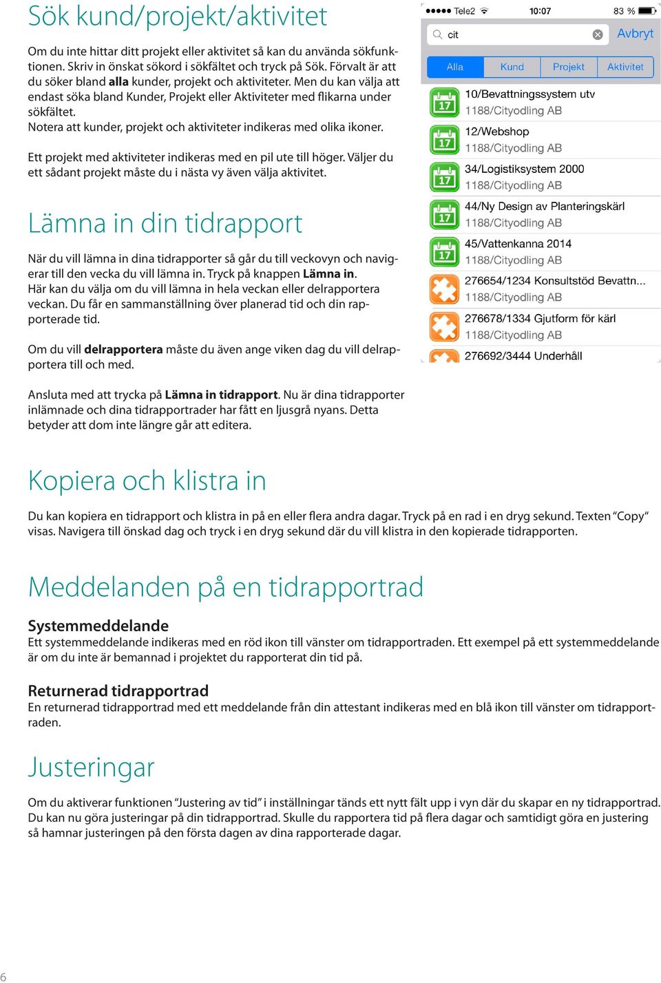 Notera att kunder, projekt och aktiviteter indikeras med olika ikoner. Ett projekt med aktiviteter indikeras med en pil ute till höger.