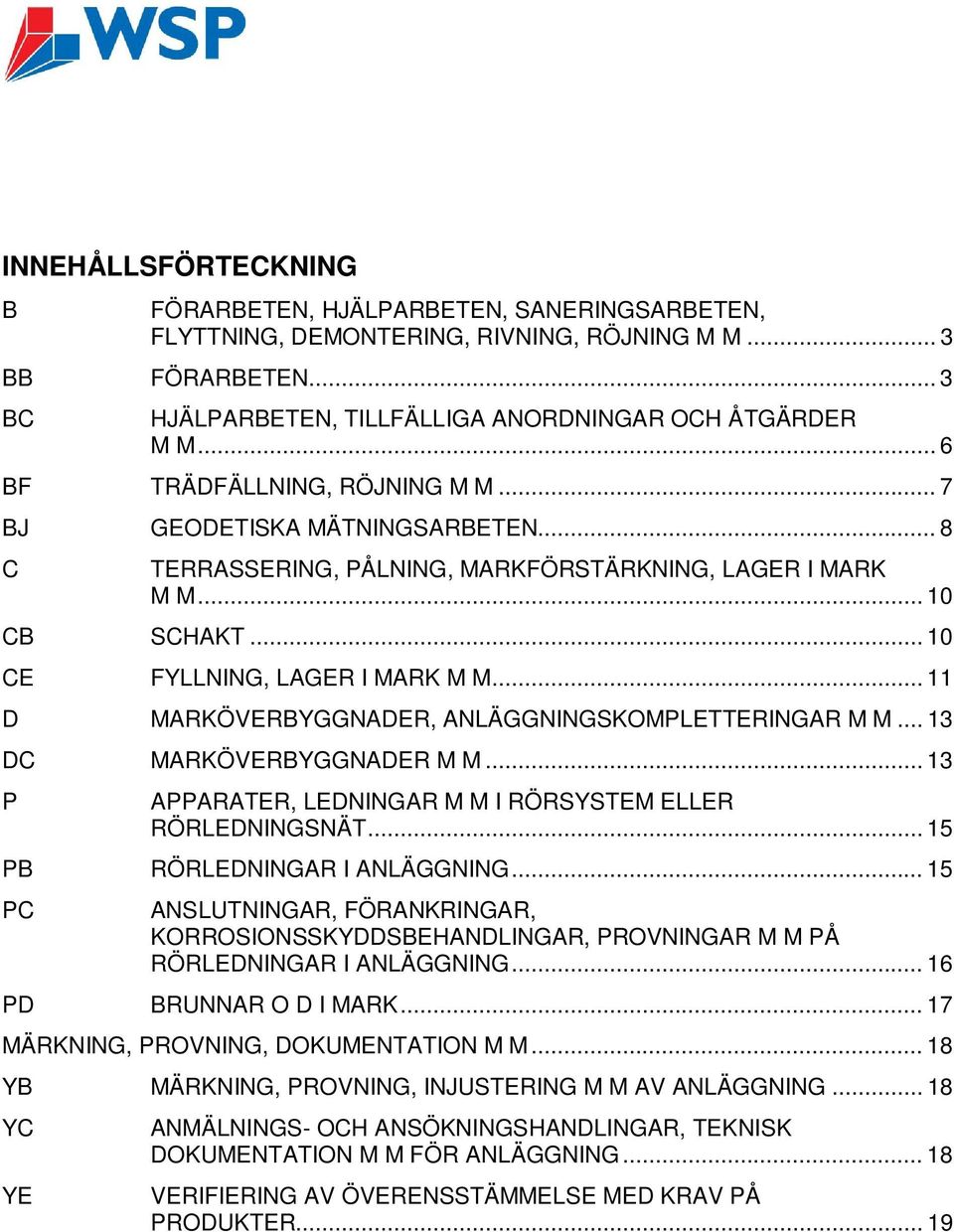 .. 11 D MARKÖVERBYGGNADER, ANLÄGGNINGSKOMPLETTERINGAR M M... 13 DC MARKÖVERBYGGNADER M M... 13 P APPARATER, LEDNINGAR M M I RÖRSYSTEM ELLER RÖRLEDNINGSNÄT... 15 PB RÖRLEDNINGAR I ANLÄGGNING.