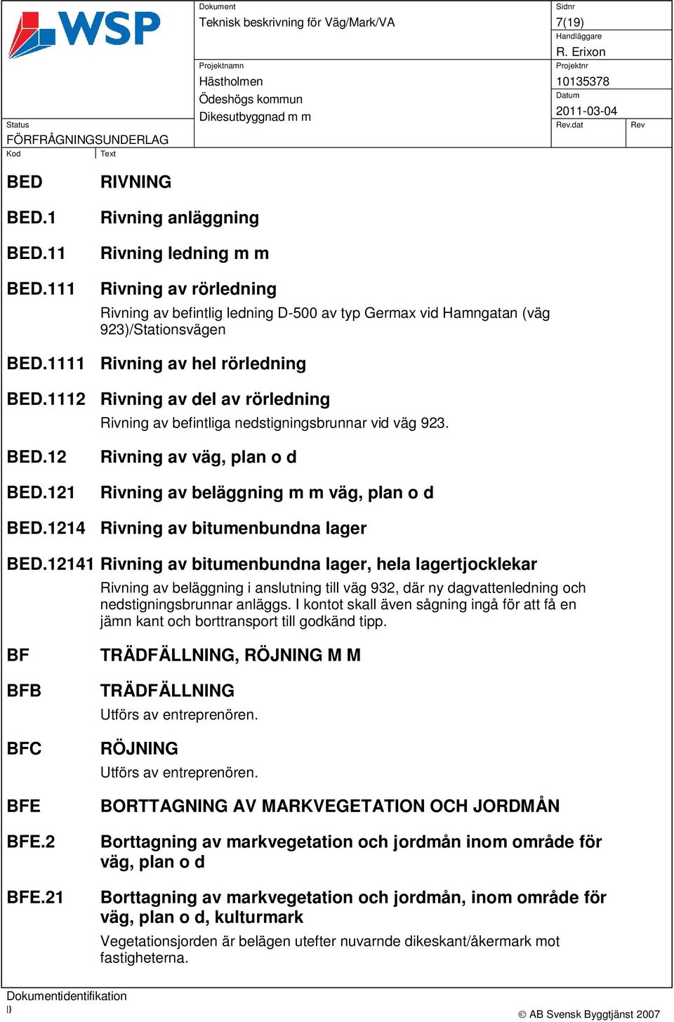 1112 Rivning av del av rörledning Rivning av befintliga nedstigningsbrunnar vid väg 923. BED.12 BED.121 Rivning av väg, plan o d Rivning av beläggning m m väg, plan o d BED.