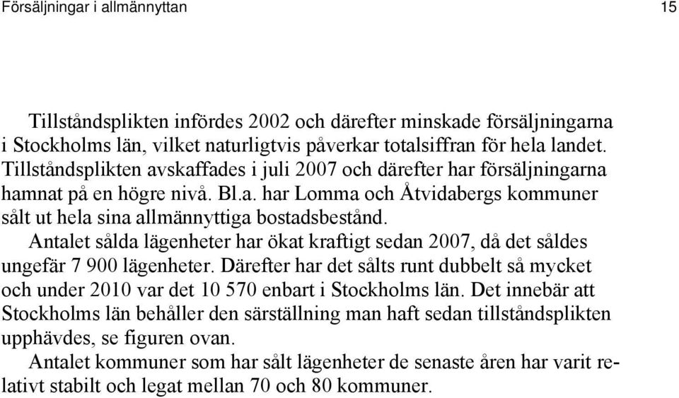 Antalet sålda lägenheter har ökat kraftigt sedan 2007, då det såldes ungefär 7 900 lägenheter. Därefter har det sålts runt dubbelt så mycket och under 2010 var det 10 570 enbart i Stockholms län.