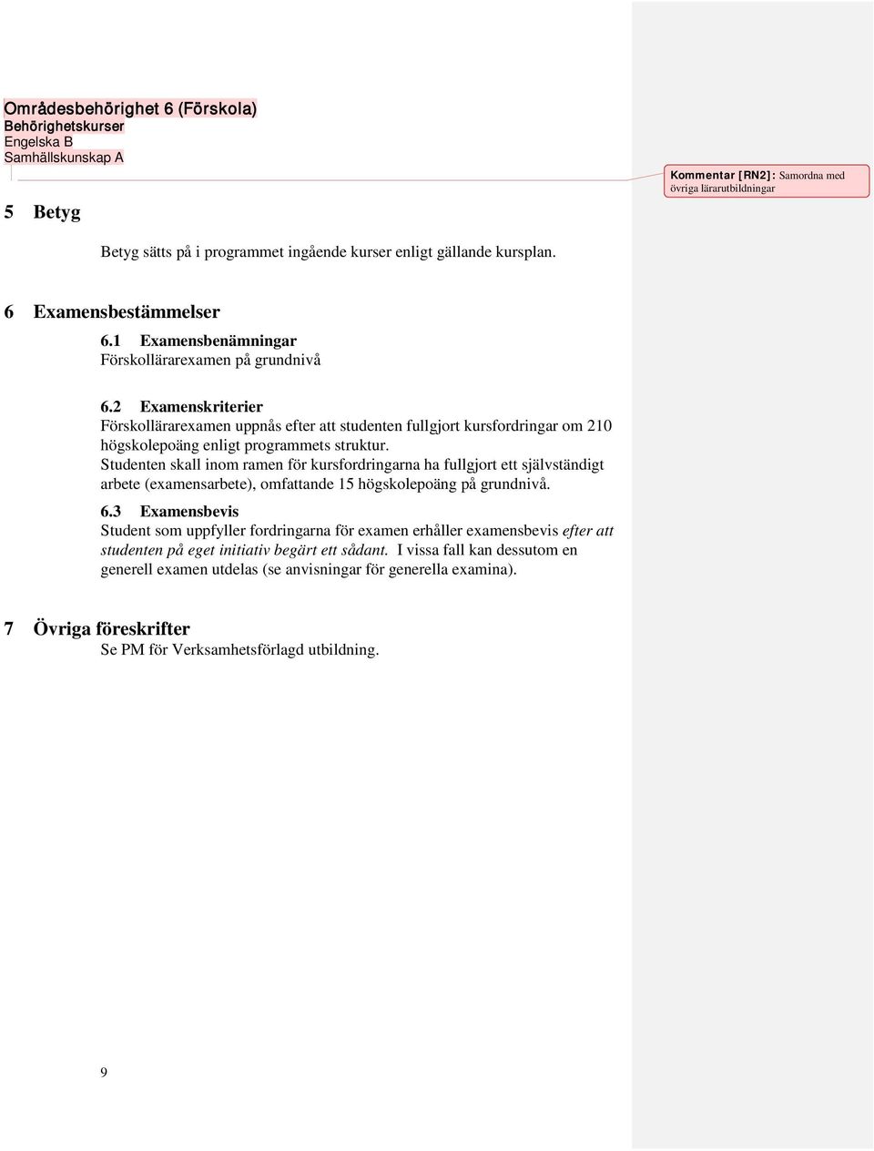 2 Examenskriterier Förskollärarexamen uppnås efter att studenten fullgjort kursfordringar om 210 högskolepoäng enligt programmets struktur.