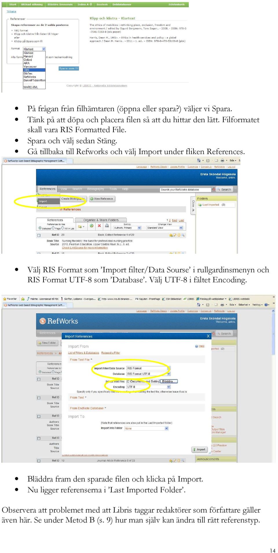 Välj RIS Format som Import filter/data Sourse i rullgardinsmenyn och RIS Format UTF-8 som Database. Välj UTF-8 i fältet Encoding.