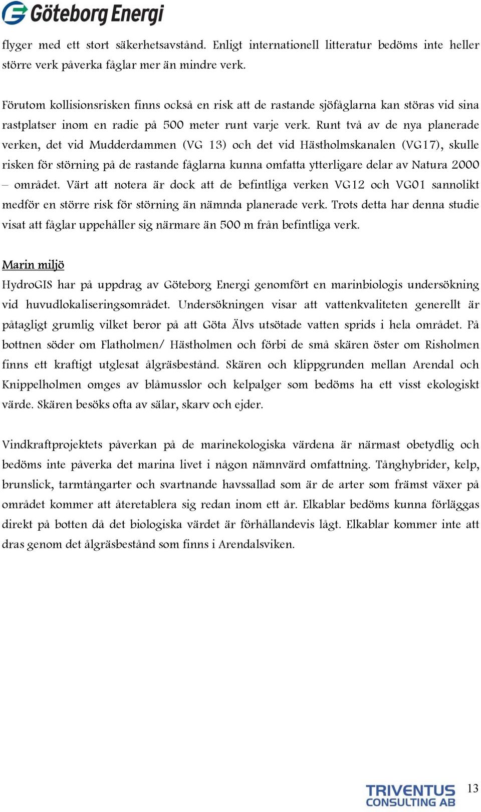 Runt två av de nya planerade verken, det vid Mudderdammen (VG 13) och det vid Hästholmskanalen (VG17), skulle risken för störning på de rastande fåglarna kunna omfatta ytterligare delar av Natura