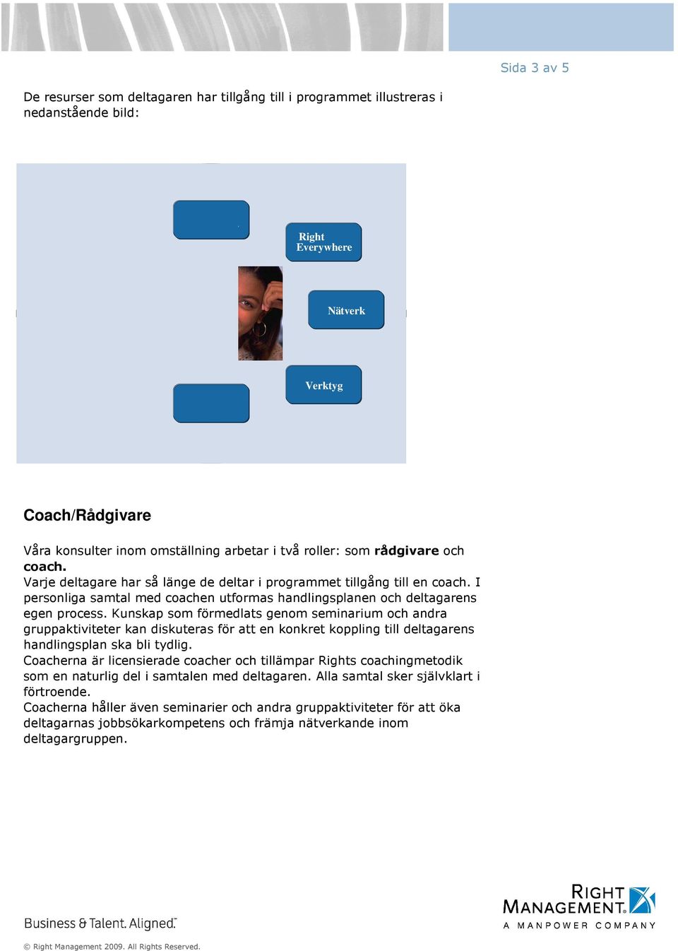 Varje deltagare har så länge de deltar i programmet tillgång till en coach. I personliga samtal med coachen utformas handlingsplanen och deltagarens egen process.