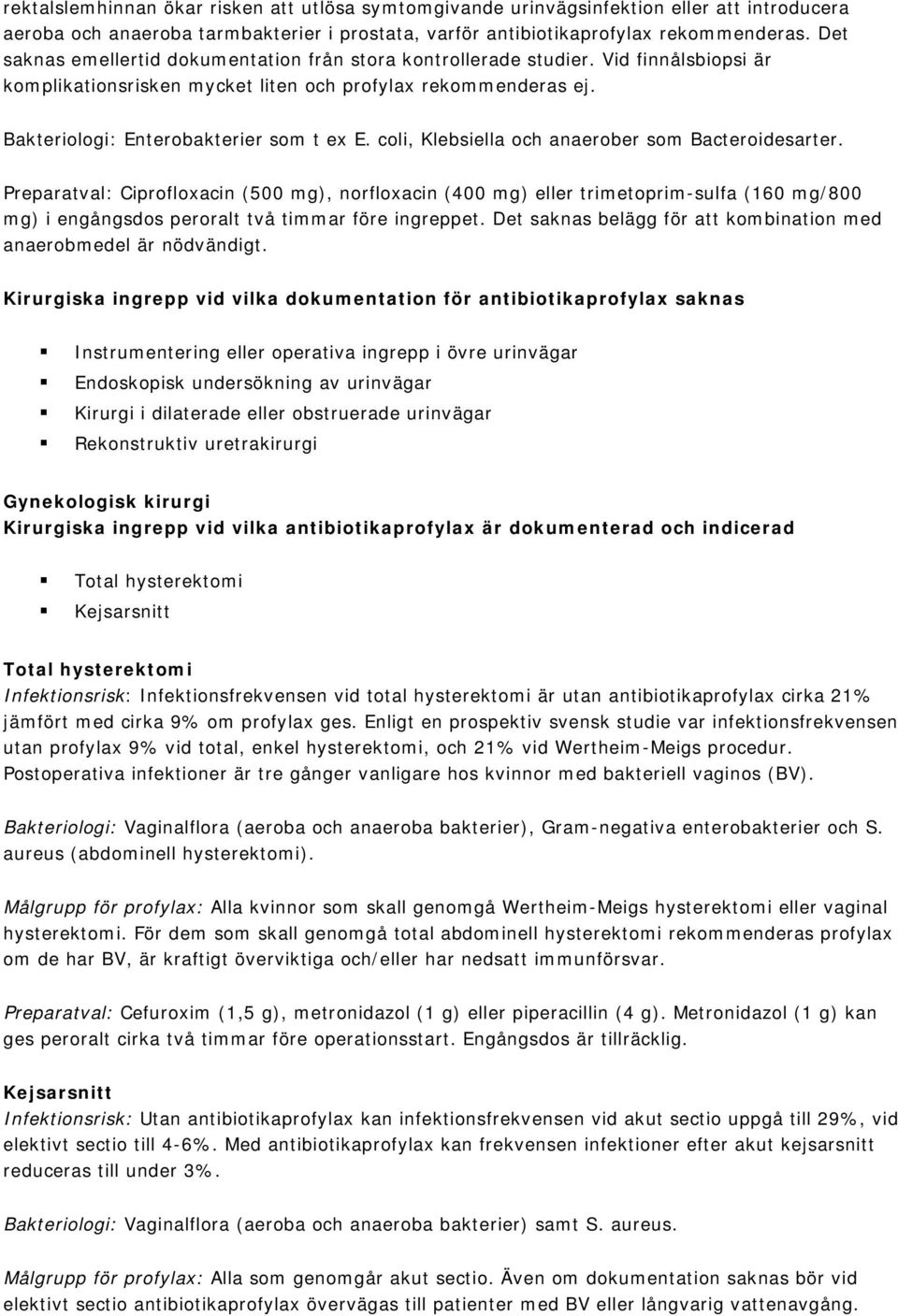 coli, Klebsiella och anaerober som Bacteroidesarter. Preparatval: Ciprofloxacin (500 mg), norfloxacin (400 mg) eller trimetoprim-sulfa (160 mg/800 mg) i engångsdos peroralt två timmar före ingreppet.