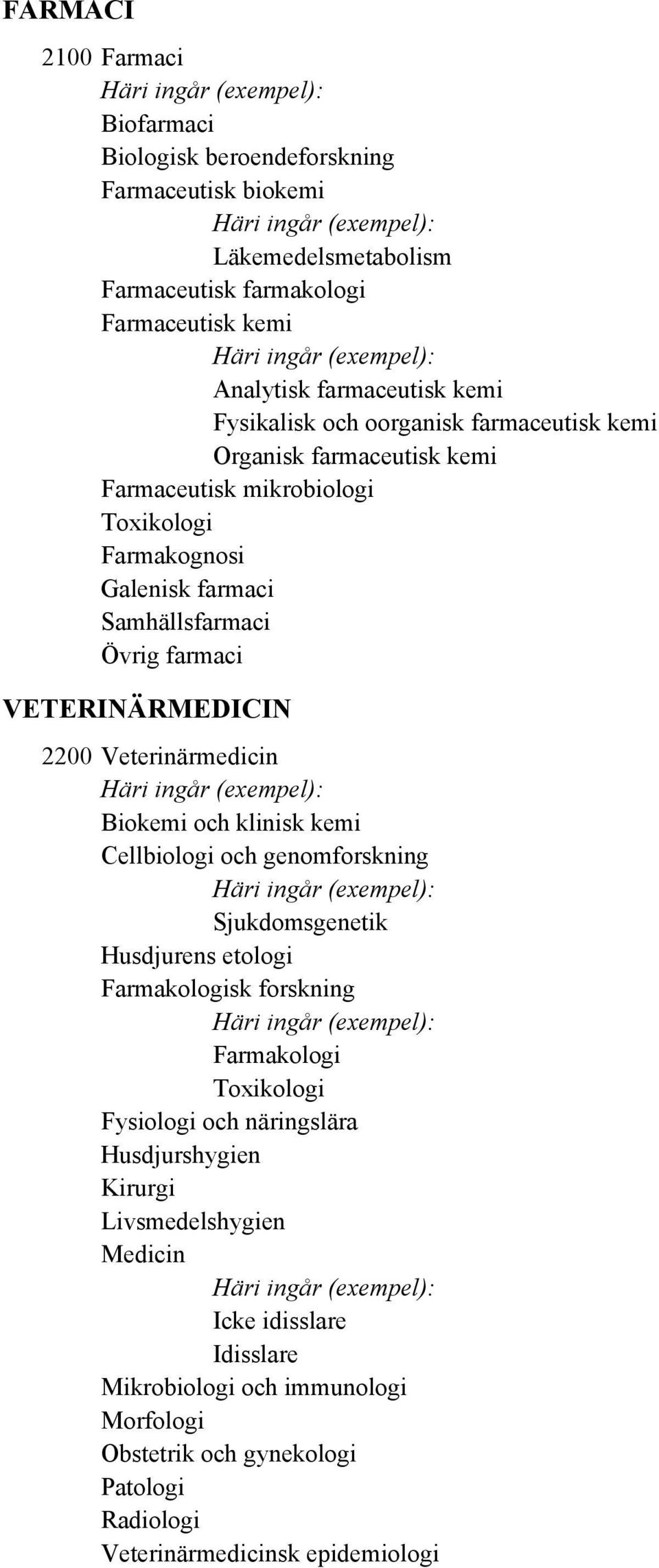 VETERINÄRMEDICIN 2200 Veterinärmedicin Biokemi och klinisk kemi Cellbiologi och genomforskning Sjukdomsgenetik Husdjurens etologi Farmakologisk forskning Farmakologi Toxikologi