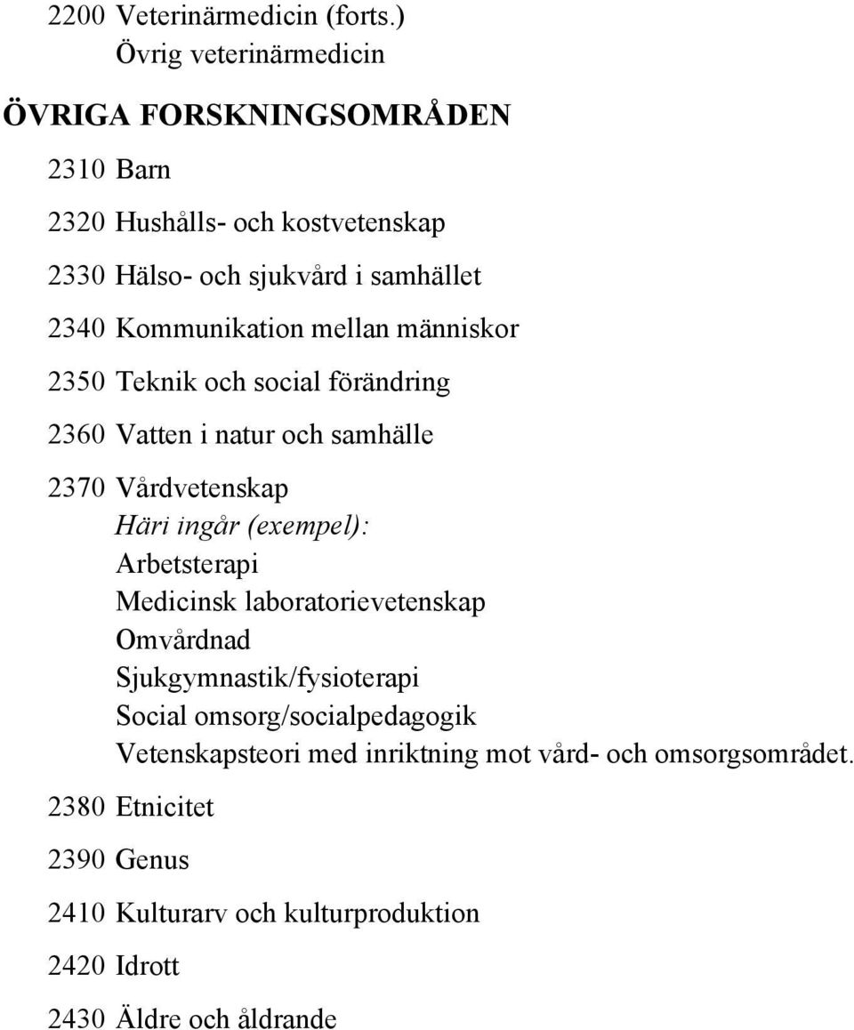 Kommunikation mellan människor 2350 Teknik och social förändring 2360 Vatten i natur och samhälle 2370 Vårdvetenskap Arbetsterapi