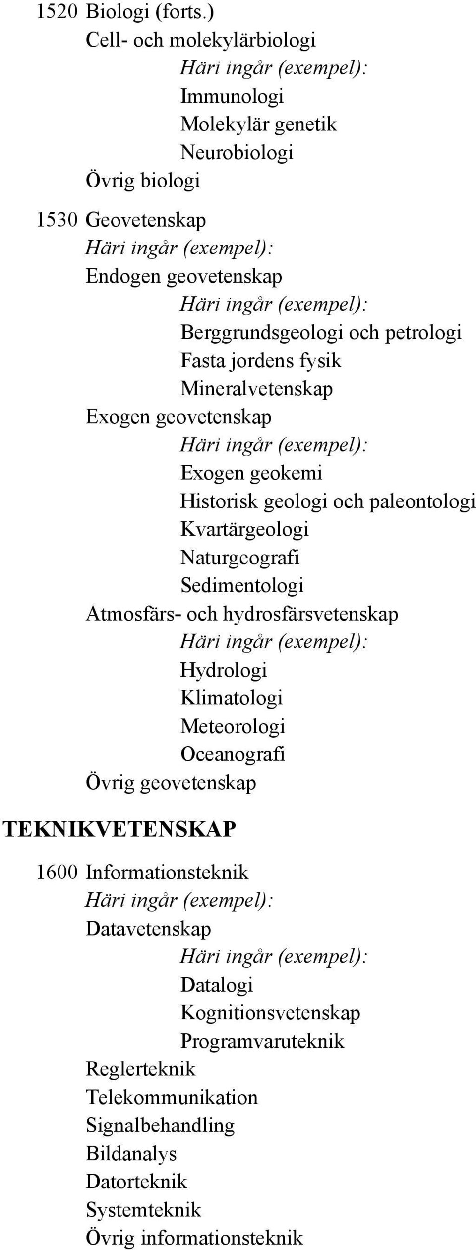 Fasta jordens fysik Mineralvetenskap Exogen geovetenskap Exogen geokemi Historisk geologi och paleontologi Kvartärgeologi Naturgeografi Sedimentologi