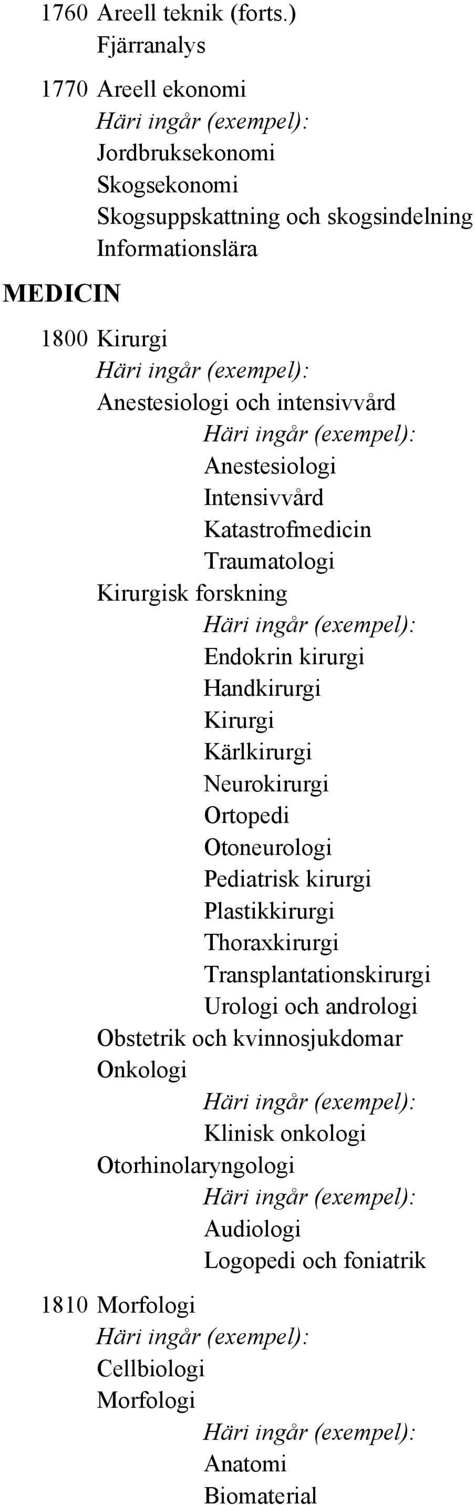 och intensivvård Anestesiologi Intensivvård Katastrofmedicin Traumatologi Kirurgisk forskning Endokrin kirurgi Handkirurgi Kirurgi Kärlkirurgi