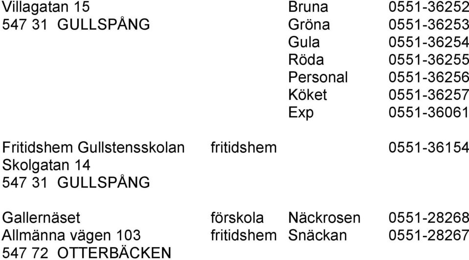 Gullstensskolan fritidshem 0551-36154 Skolgatan 14 547 31 GULLSPÅNG Gallernäset