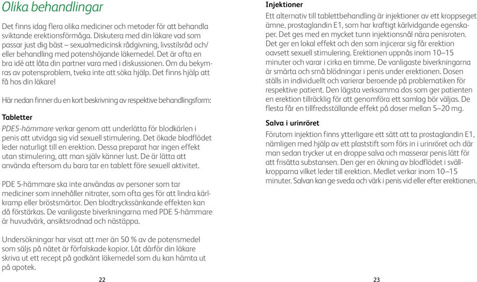 Det är ofta en bra idé att låta din partner vara med i diskussionen. Om du bekymras av potensproblem, tveka inte att söka hjälp. Det finns hjälp att få hos din läkare!