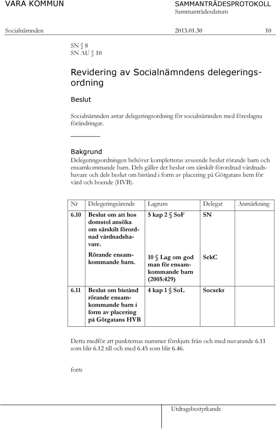 Dels gäller det beslut om särskilt förordnad vårdnadshavare och dels beslut om bistånd i form av placering på Götgatans hem för vård och boende (HVB). Nr Delegeringsärende Lagrum Delegat Anmärkning 6.