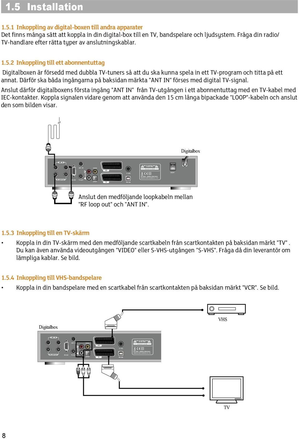 2 Inkoppling till ett abonnentuttag Digitalboxen är försedd med dubbla TV-tuners så att du ska kunna spela in ett TV-program och titta på ett annat.