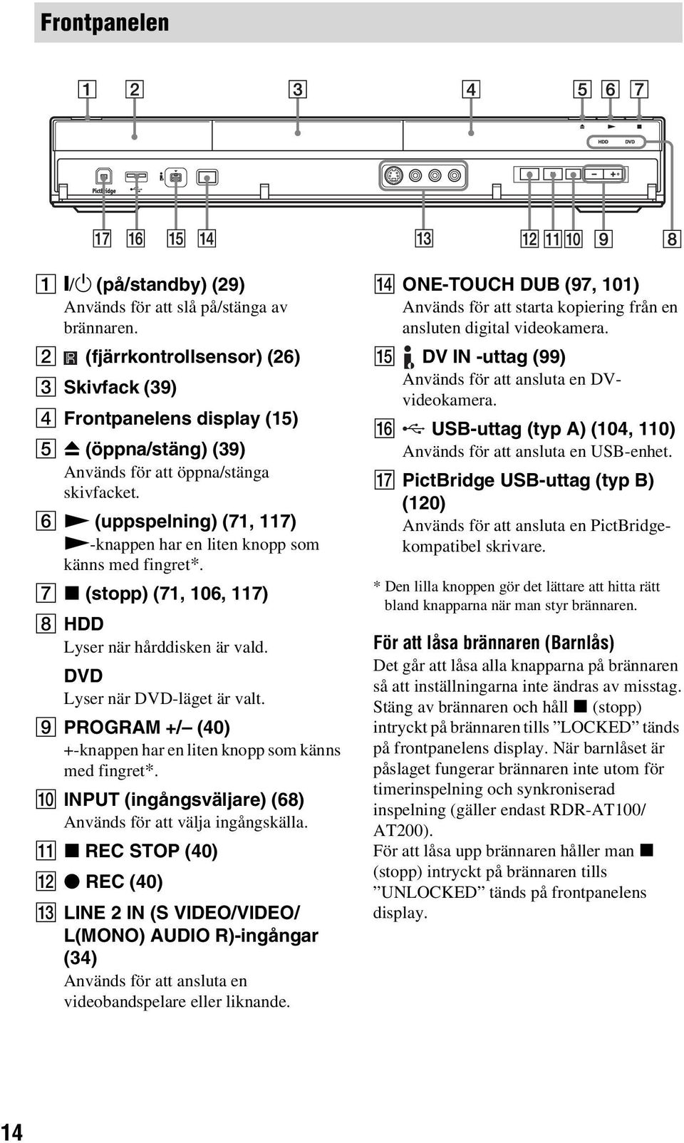 F N (uppspelning) (71, 117) N-knappen har en liten knopp som känns med fingret*. G x (stopp) (71, 106, 117) H HDD Lyser när hårddisken är vald. DVD Lyser när DVD-läget är valt.
