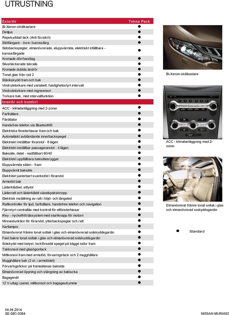 regnsensor Torkare bak, med intervallfunktion Interiör oc h k omfort ACC - klimatanläggning med 2-zoner Farthållare Färddator Handsfree-telefon via Bluetooth Elektriska fönsterhissar fram och bak