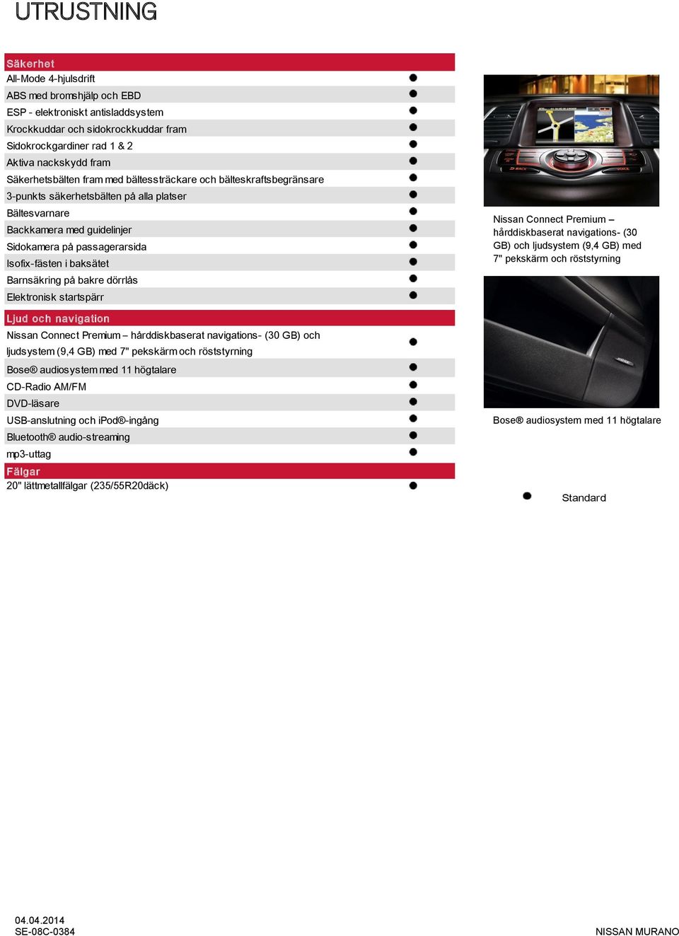 baksätet Barnsäkring på bakre dörrlås Elektronisk startspärr Ljud oc h nav igation Nissan Connect Premium hårddiskbaserat navigations- (30 GB) och ljudsystem (9,4 GB) med 7" pekskärm och röststyrning