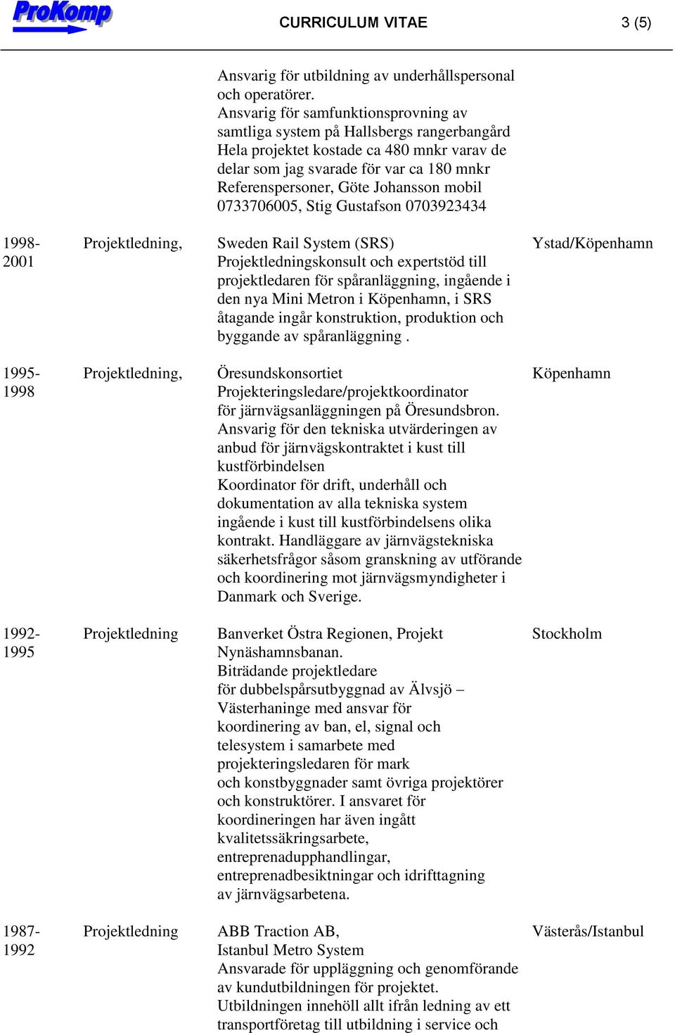 mobil 0733706005, Stig Gustafson 0703923434 1998-2001, Sweden Rail System (SRS) skonsult och expertstöd till projektledaren för spåranläggning, ingående i den nya Mini Metron i Köpenhamn, i SRS