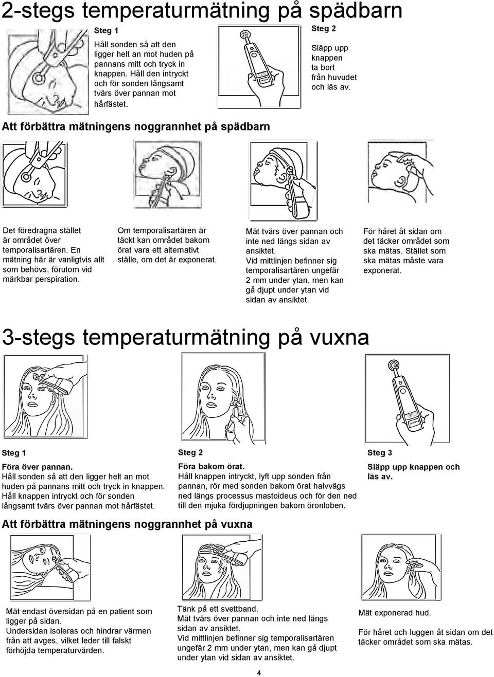 Det föredragna stället är området över temporalisartären. En mätning här är vanligtvis allt som behövs, förutom vid märkbar perspiration.