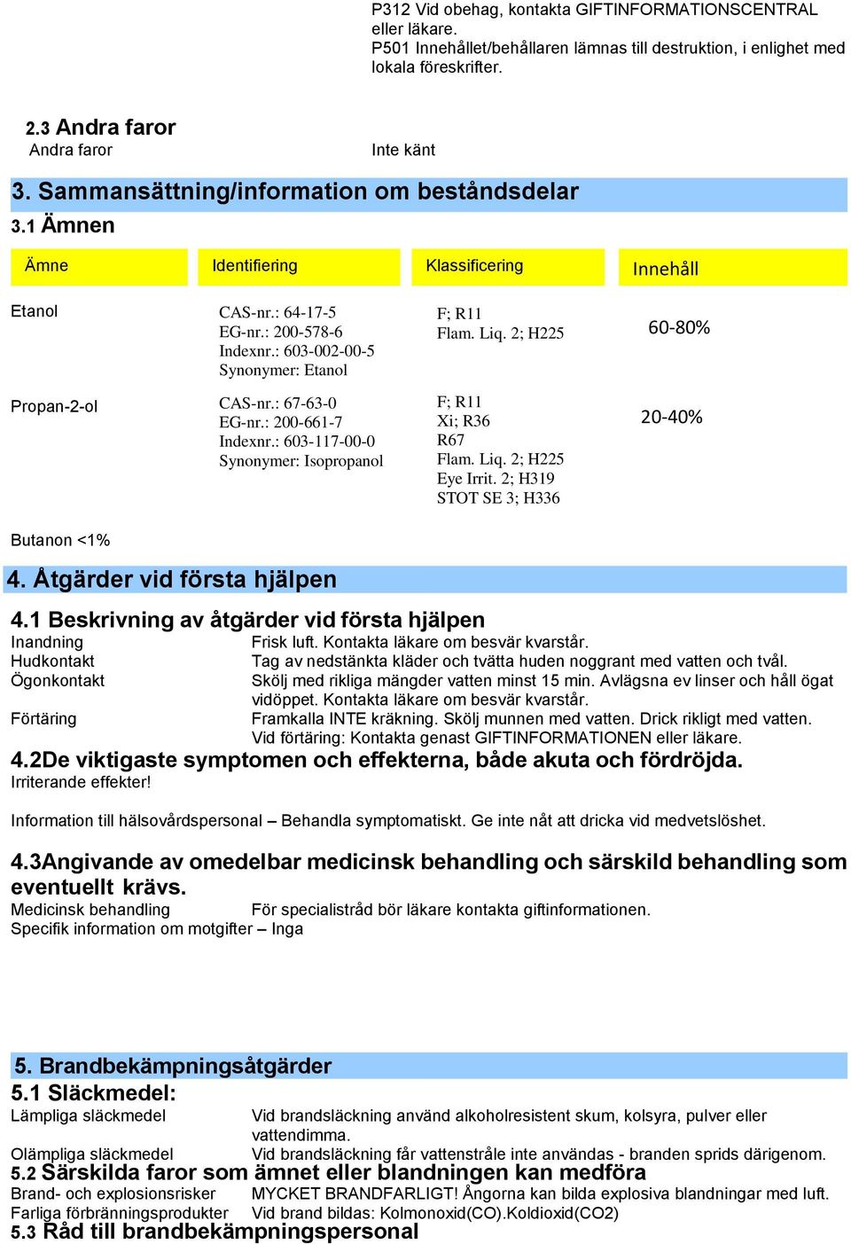 : 603-002-00-5 Synonymer: Etanol CAS-nr.: 67-63-0 EG-nr.: 200-661-7 Indexnr.: 603-117-00-0 Synonymer: Isopropanol F; R11 Flam. Liq. 2; H225 60-80% F; R11 Xi; R36 R67 Flam. Liq. 2; H225 Eye Irrit.