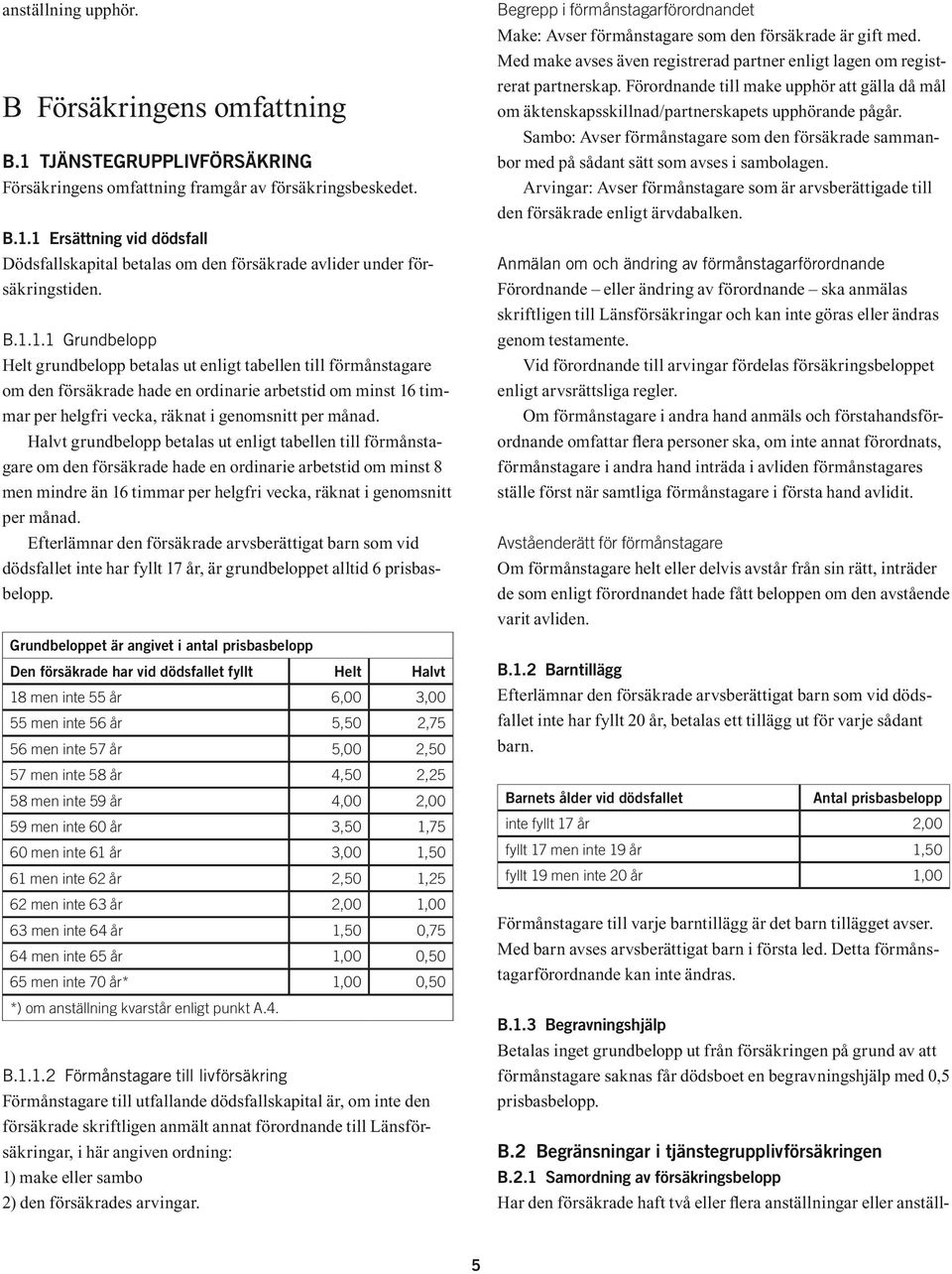 Halvt grundbelopp betalas ut enligt tabellen till förmånstagare om den försäkrade hade en ordinarie arbetstid om minst 8 men mindre än 16 timmar per helgfri vecka, räknat i genomsnitt per månad.