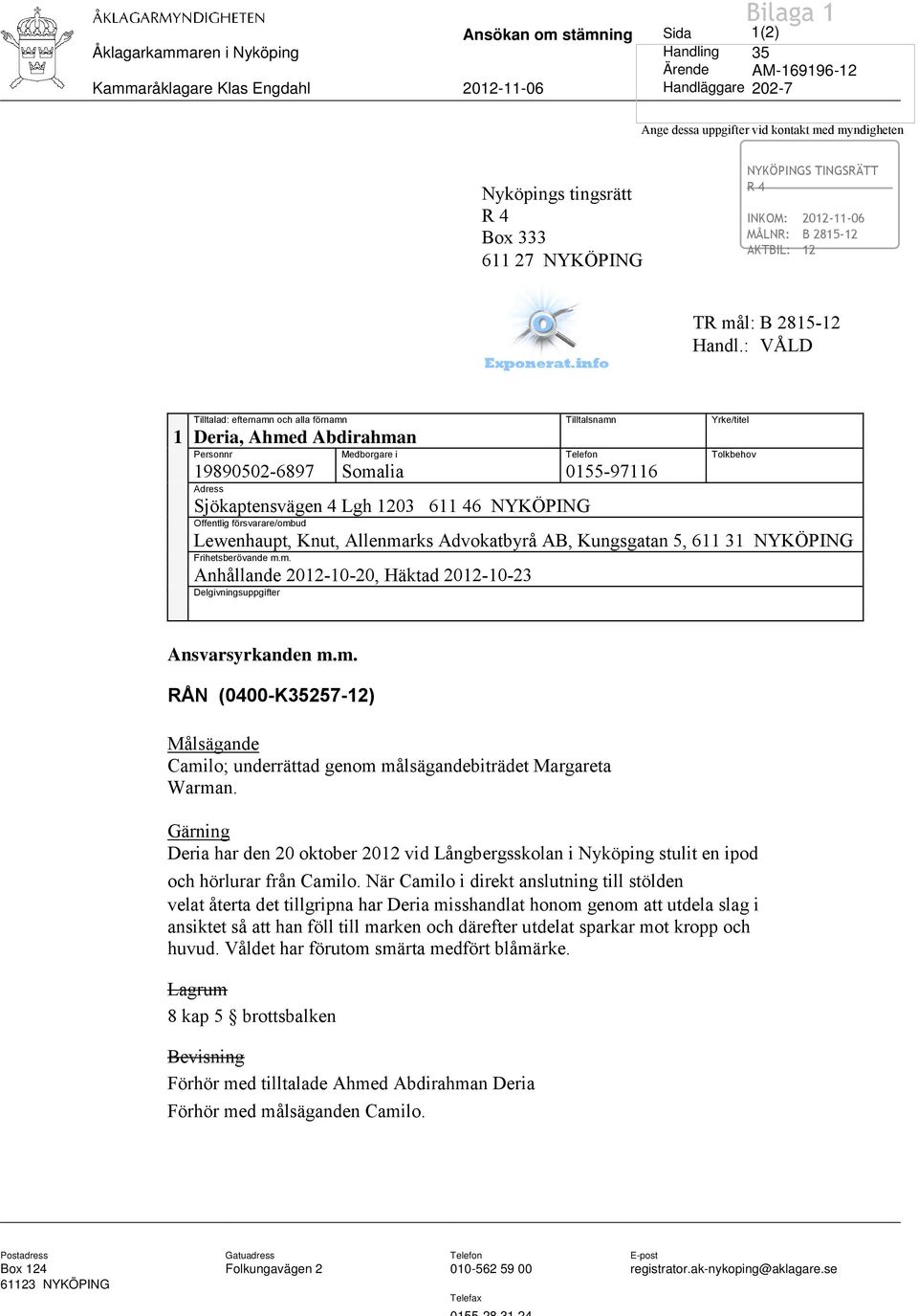 : VÅLD Tilltalad: efternamn och alla förnamn Tilltalsnamn Yrke/titel 1 Deria, Ahmed Abdirahman Personnr Medborgare i Telefon Tolkbehov 19890502-6897 Somalia 0155-97116 Adress Sjökaptensvägen 4 Lgh