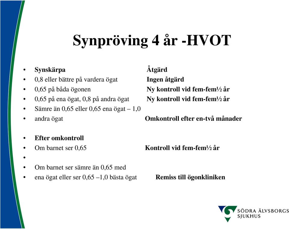 0,65 ena ögat 1,0 andra ögat Omkontroll efter en-två månader Efter omkontroll Om barnet ser 0,65 Kontroll