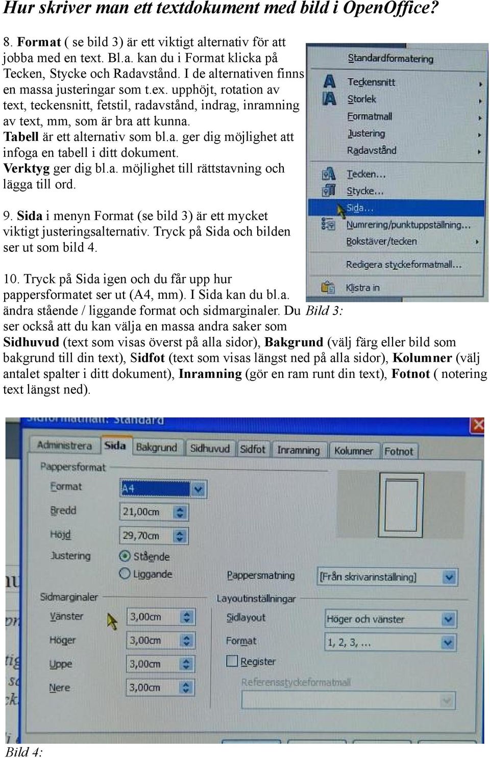 Sida i menyn Format (se bild 3) är ett mycket viktigt justeringsalternativ. Tryck på Sida och bilden ser ut som bild 4. 10. Tryck på Sida igen och du får upp hur pappersformatet ser ut (A4, mm).