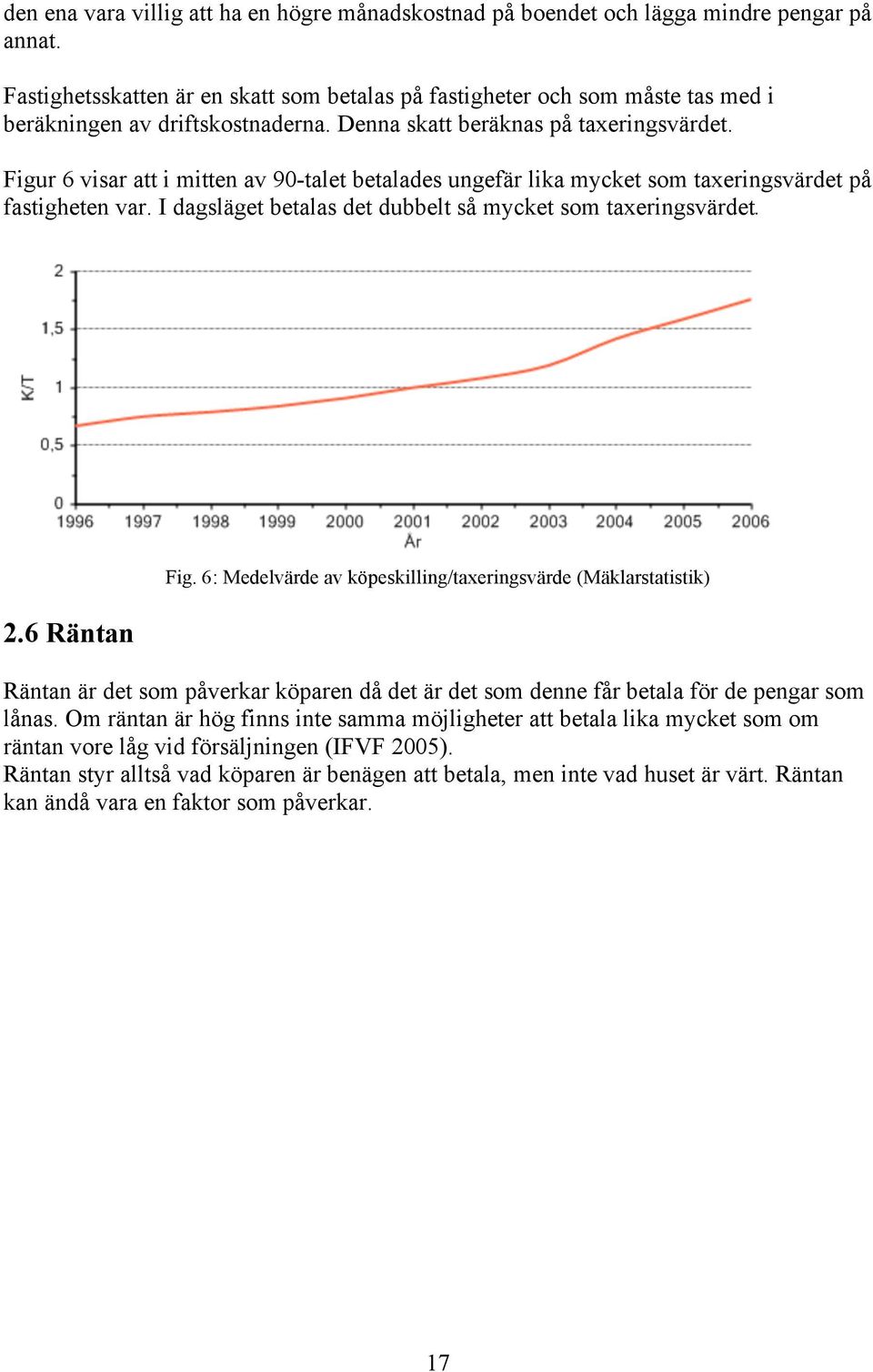 Figur 6 visar att i mitten av 90-talet betalades ungefär lika mycket som taxeringsvärdet på fastigheten var. I dagsläget betalas det dubbelt så mycket som taxeringsvärdet. 2.6 Räntan Fig.