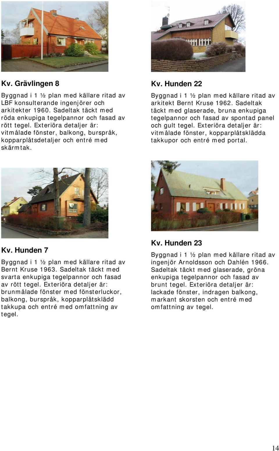 Sadeltak täckt med glaserade, bruna enkupiga tegelpannor och fasad av spontad panel och gult tegel. Exteriöra detaljer är: vitmålade fönster, kopparplåtsklädda takkupor och entré med portal. Kv.