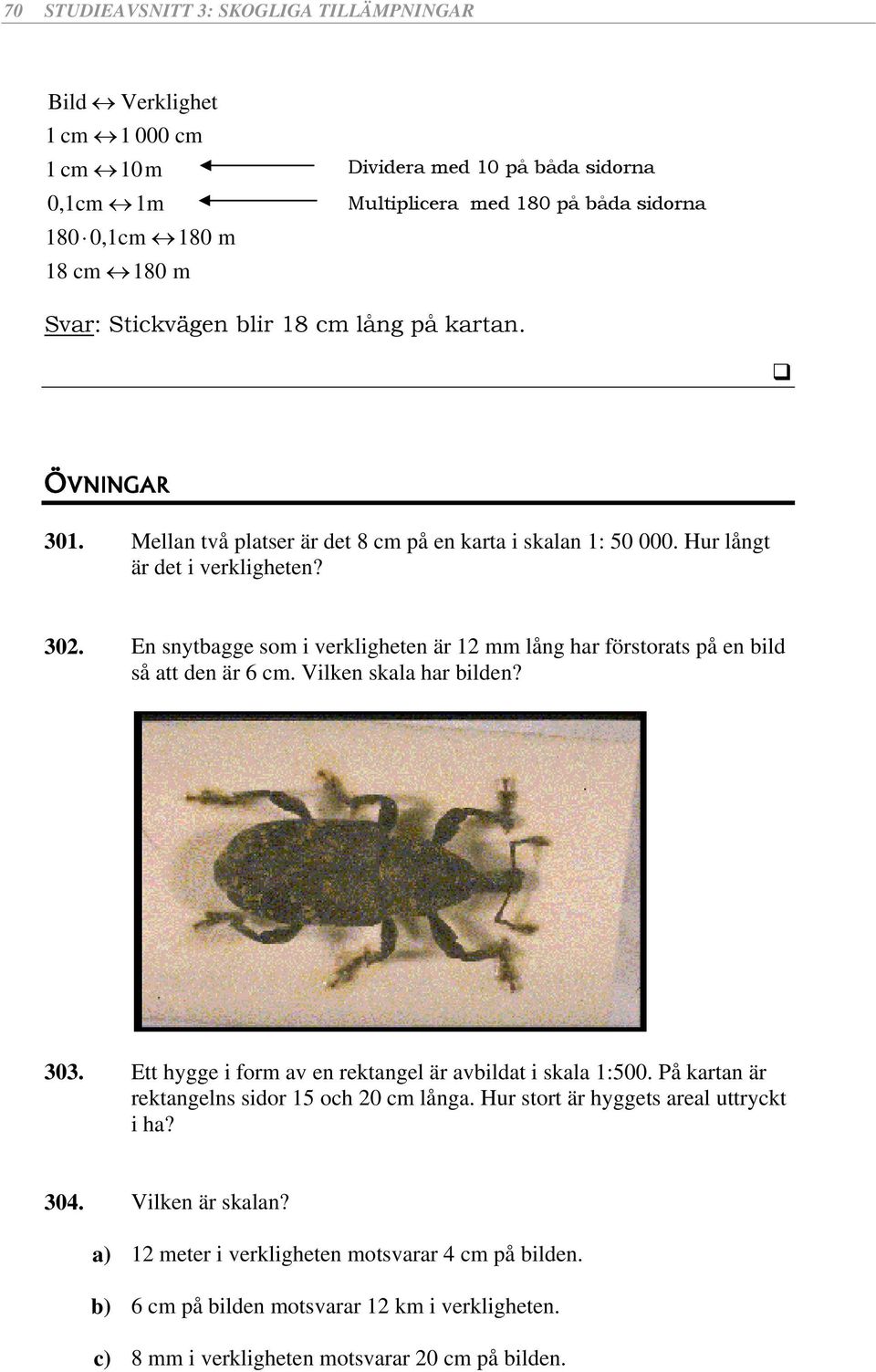 En snytbagge som i verkligheten är 12 mm lång har förstorats på en bild så att den är 6 cm. Vilken skala har bilden? 303. Ett hygge i form av en rektangel är avbildat i skala 1:500.