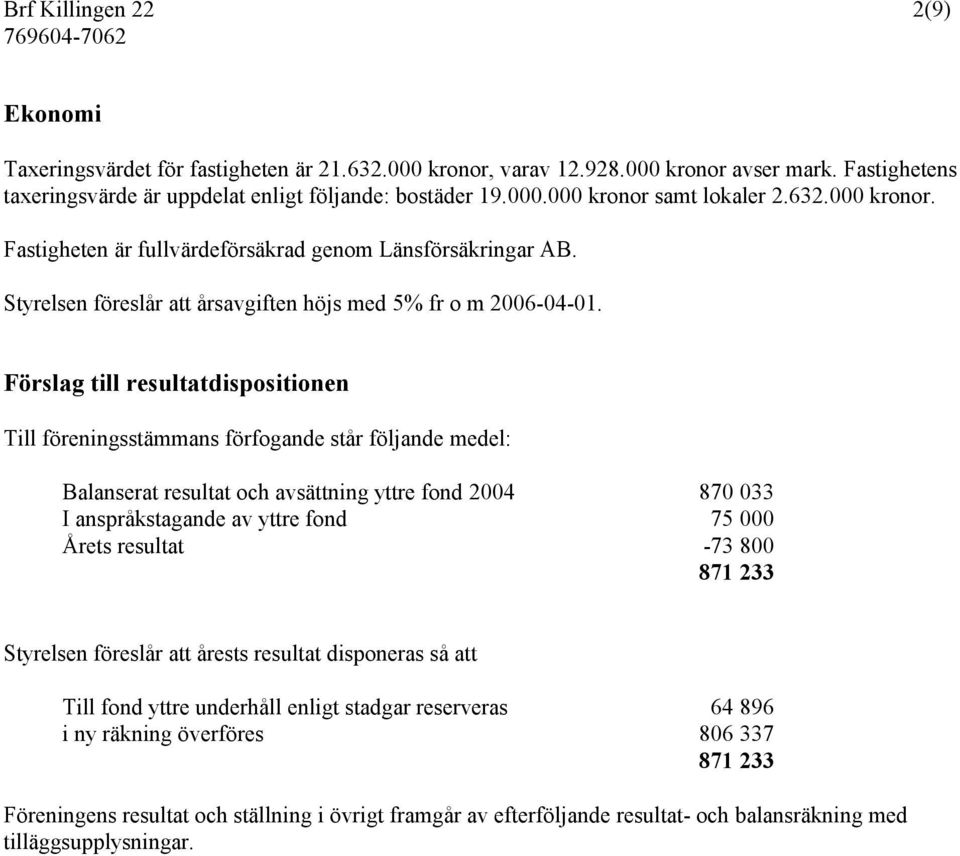 Förslag till resultatdispositionen Till föreningsstämmans förfogande står följande medel: Balanserat resultat och avsättning yttre fond 2004 870 033 I anspråkstagande av yttre fond 75 000 Årets