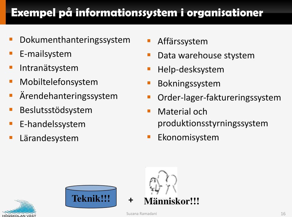 Lärandesystem Affärssystem Data warehouse stystem Help-desksystem Bokningssystem