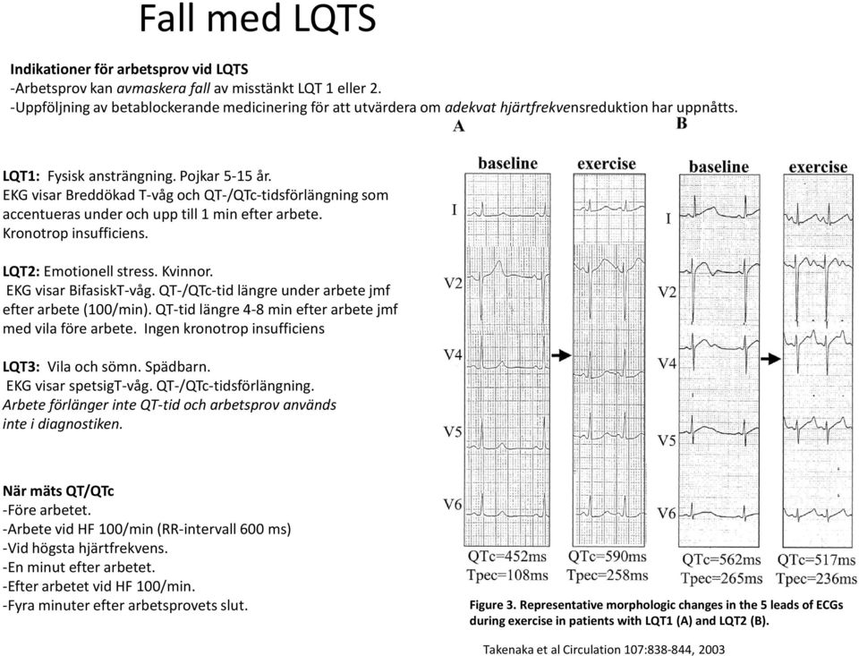 EKG visar Breddökad T-våg och QT-/QTc-tidsförlängning som accentueras under och upp till 1 min efter arbete. Kronotrop insufficiens. LQT2: Emotionell stress. Kvinnor. EKG visar BifasiskT-våg.