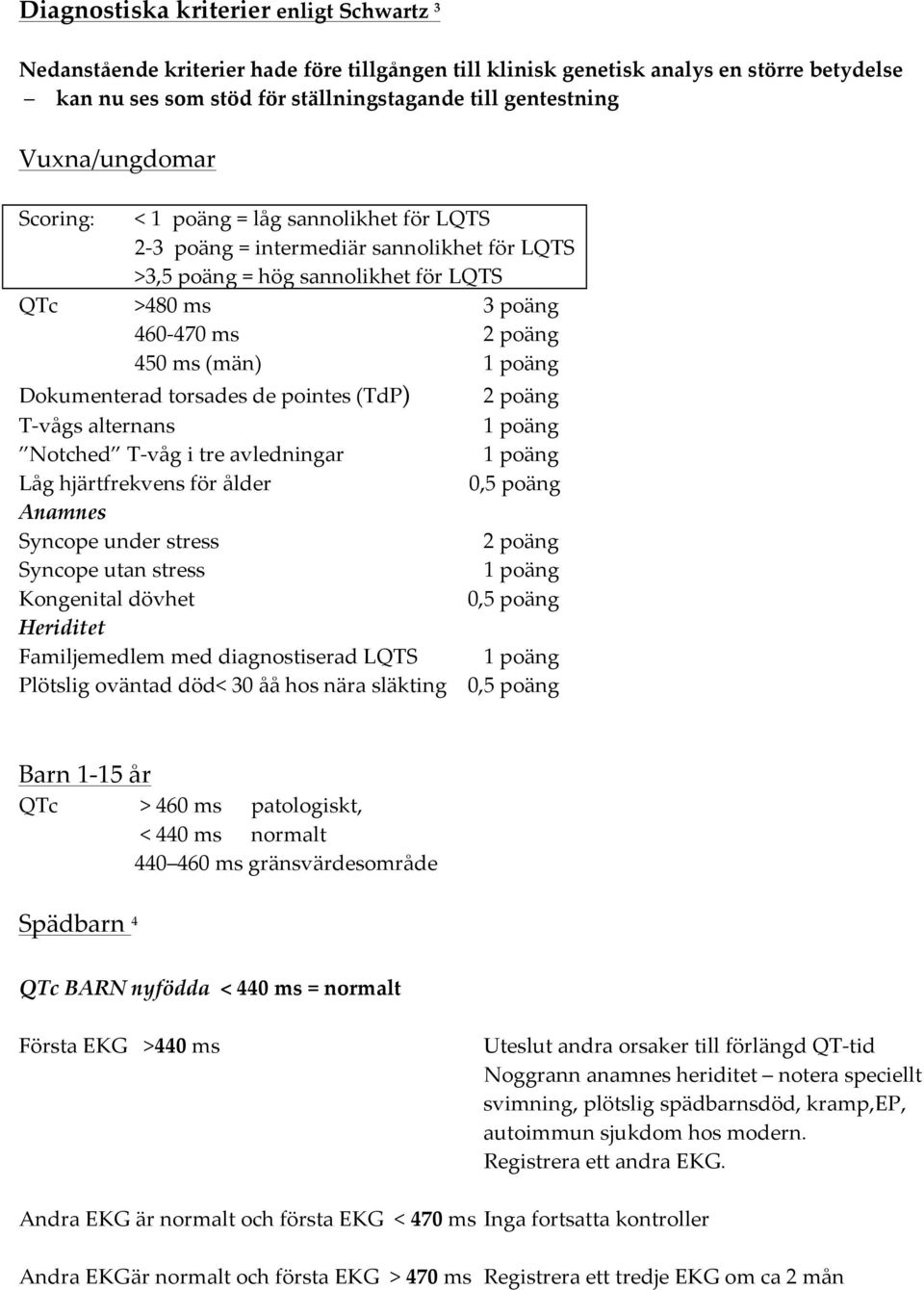 poäng Dokumenterad torsades de pointes (TdP) 2 poäng T- vågs alternans 1 poäng Notched T- våg i tre avledningar 1 poäng Låg hjärtfrekvens för ålder 0,5 poäng Anamnes Syncope under stress 2 poäng