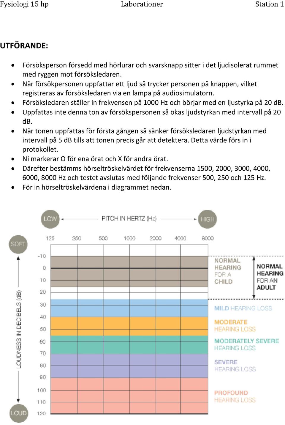 Försöksledaren ställer in frekvensen på 1000 Hz och börjar med en ljustyrka på 20 db. Uppfattas inte denna ton av försökspersonen så ökas ljudstyrkan med intervall på 20 db.