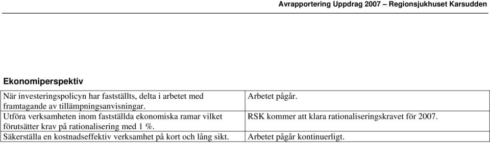 Utföra verksamheten inom fastställda ekonomiska ramar vilket förutsätter krav på rationalisering med 1 %.