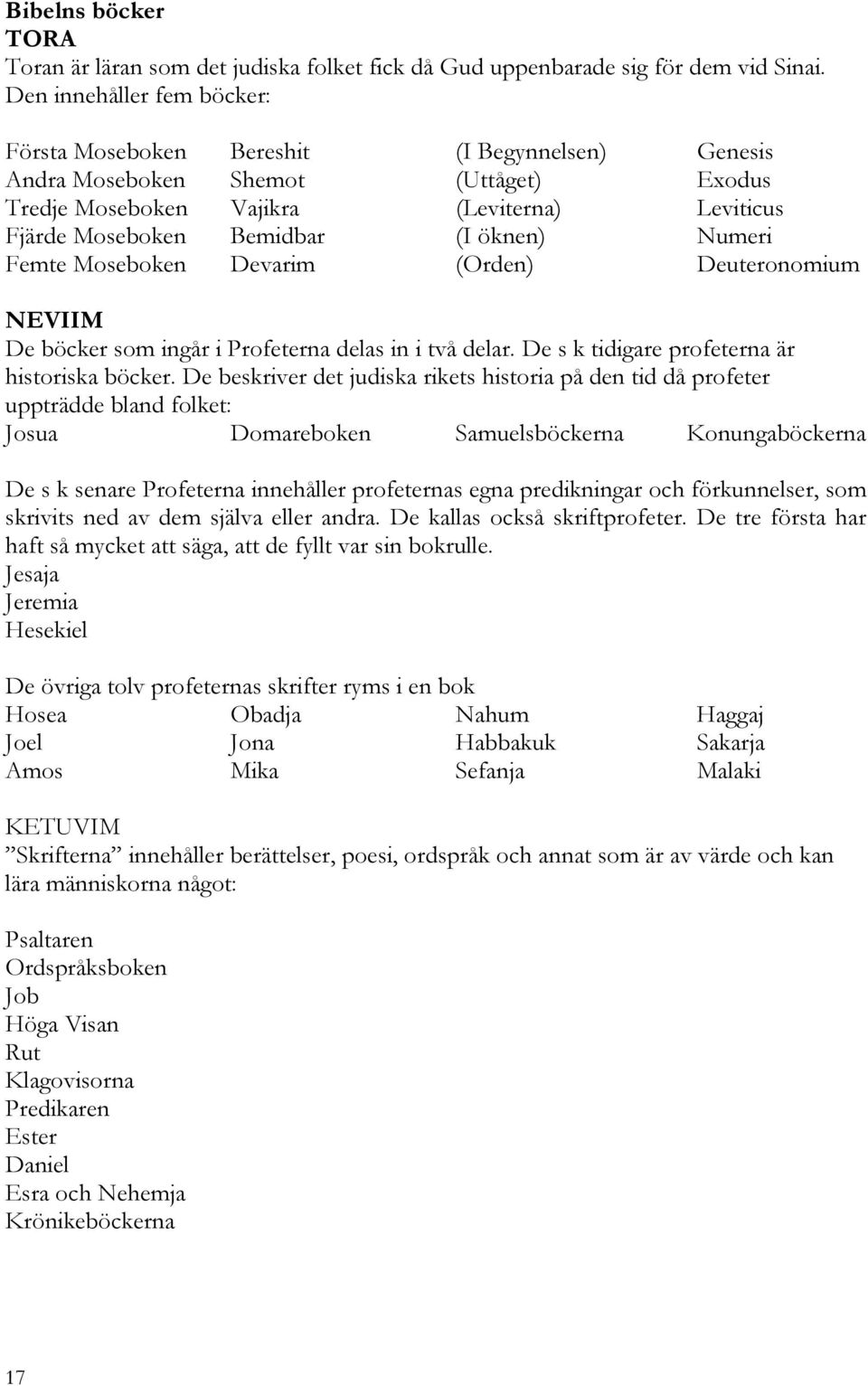 Numeri Femte Moseboken Devarim (Orden) Deuteronomium NEVIIM De böcker som ingår i Profeterna delas in i två delar. De s k tidigare profeterna är historiska böcker.