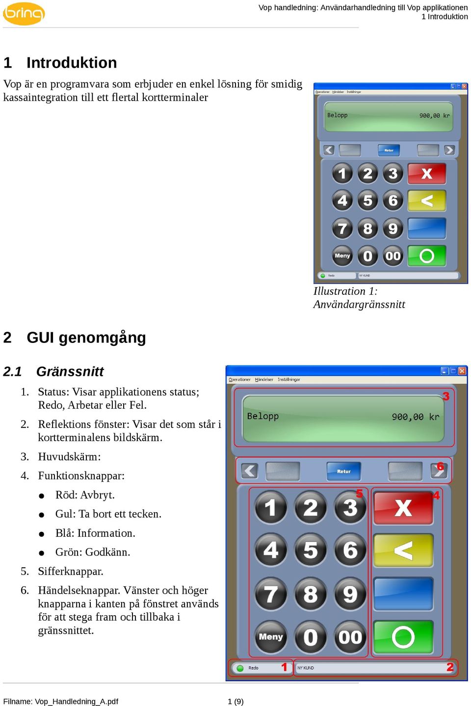 Huvudskärm: 4. Funktionsknappar: Röd: Avbryt. Gul: Ta bort ett tecken. Blå: Information. Grön: Godkänn. 5. Sifferknappar. 6. Händelseknappar.