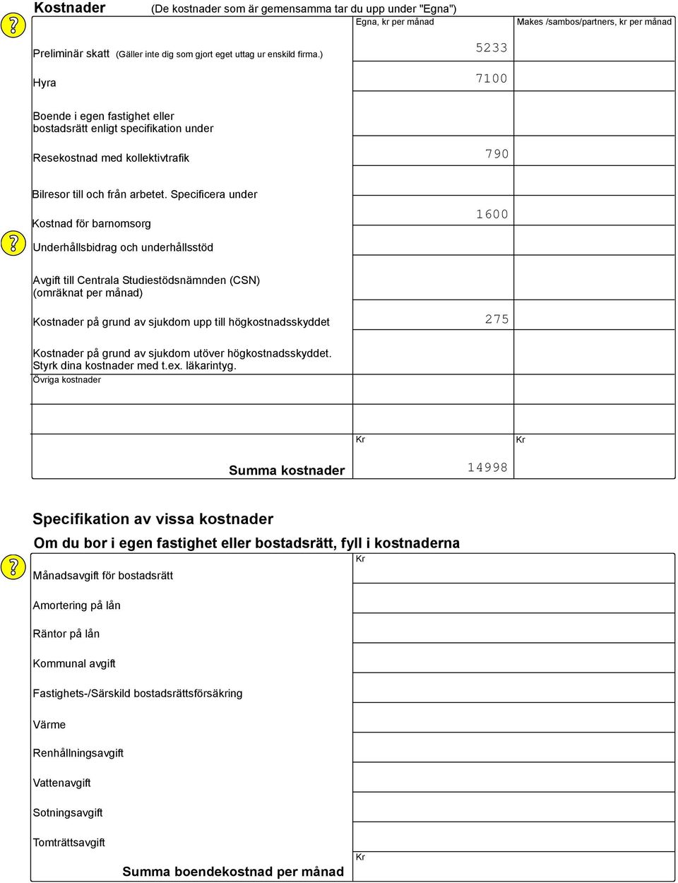 Specificera under Kostnad för barnomsorg Underhållsbidrag och underhållsstöd Avgift till Centrala Studiestödsnämnden (CSN) (omräknat per månad) Kostnader på grund av sjukdom upp till