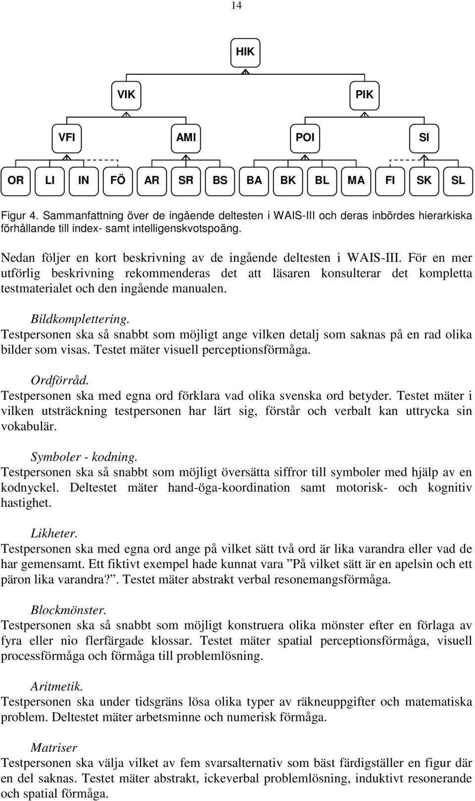 Nedan följer en kort beskrivning av de ingående deltesten i WAIS-III. För en mer utförlig beskrivning rekommenderas det att läsaren konsulterar det kompletta testmaterialet och den ingående manualen.