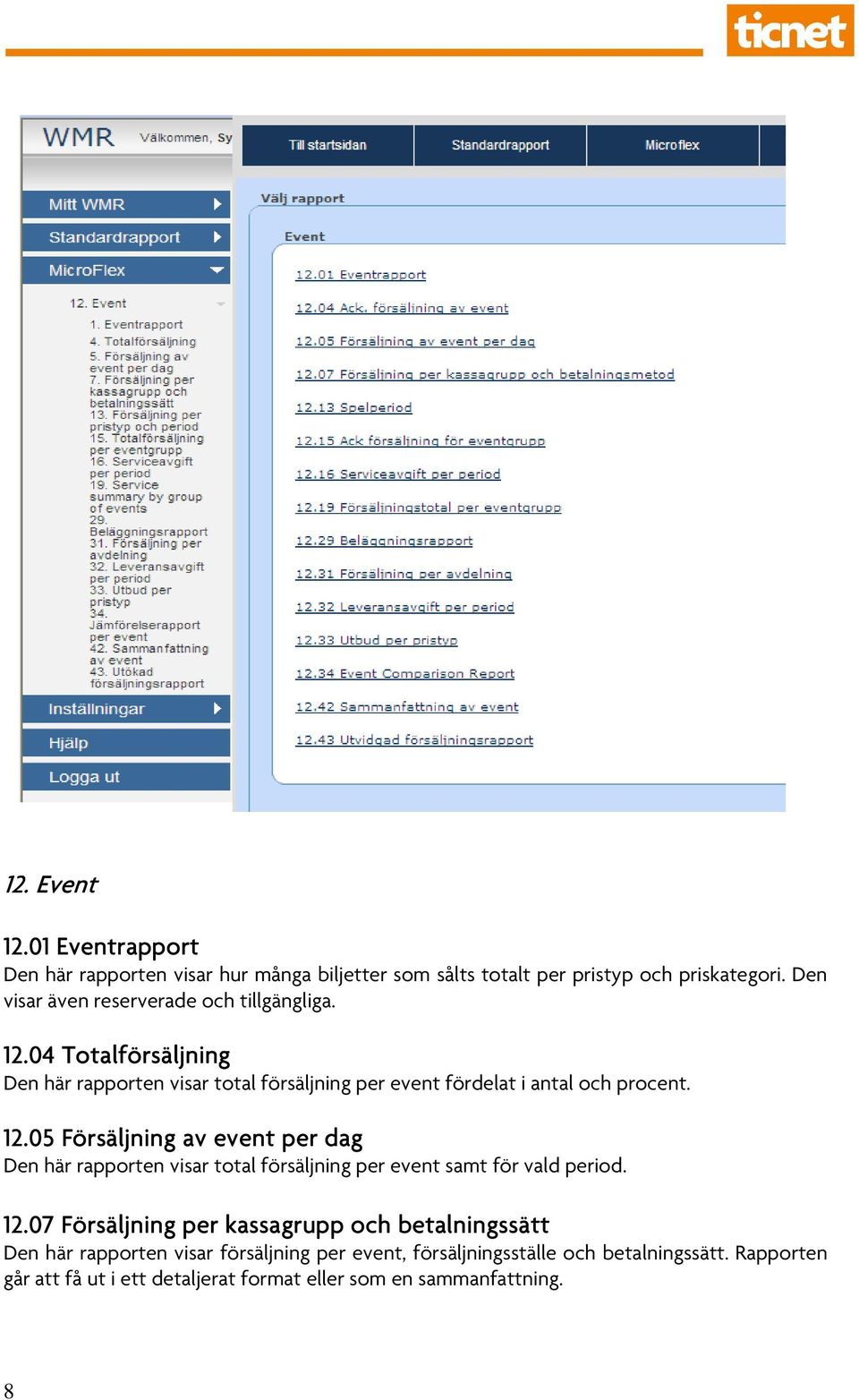 12.05 Försäljning av event per dag Den här rapporten visar total försäljning per event samt för vald period. 12.