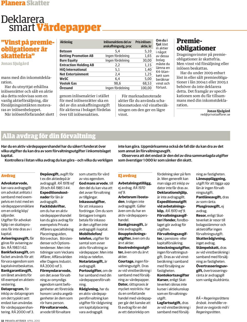 När inlösenförfarandet skett Aktieslag Inlösenaktiens del av Pris inlösenanskaffningsutg, proc aktie, kr Betsson 5,4 5,10 Betting Promotion AB Ingen fördelning 1,65 Bure Equity Ingen fördelning 30,00