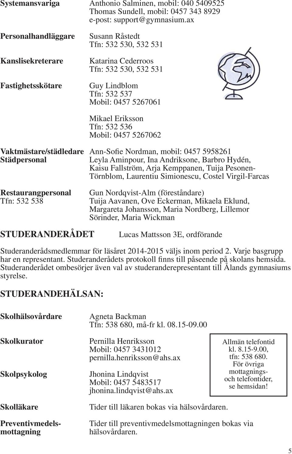 Tfn: 532 536 Mobil: 0457 5267062 Vaktmästare/städledare Ann-Sofie Nordman, mobil: 0457 5958261 Städpersonal Leyla Aminpour, Ina Andriksone, Barbro Hydén, Kaisu Fallström, Arja Kemppanen, Tuija