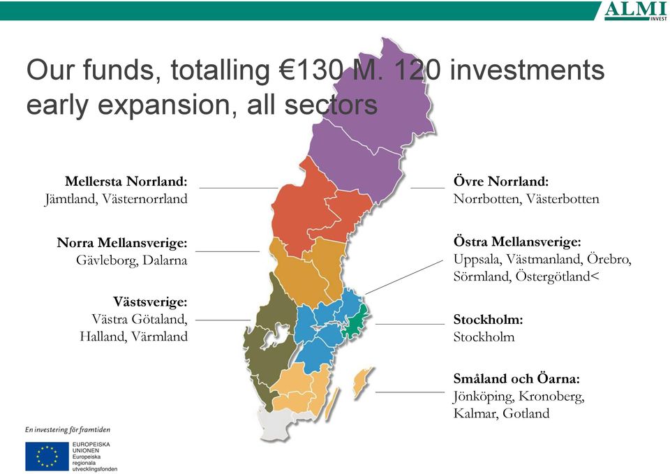 Norrland: Norrbotten, Västerbotten Norra Mellansverige: Gävleborg, Dalarna Västsverige: Västra